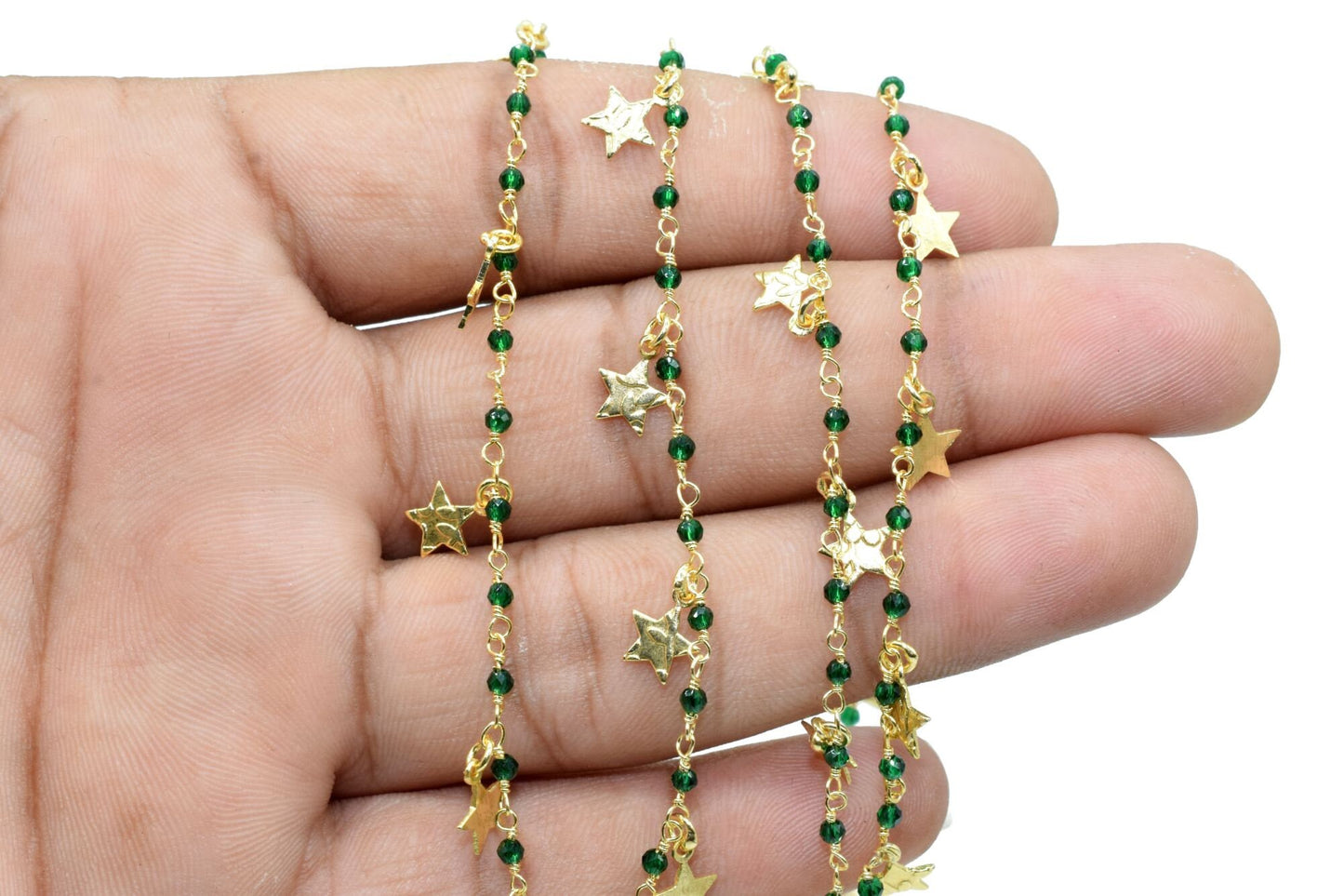 Green onyx 2mm Beaded & Star Charm Chain,Gold Plated Rosary Chain,Wire Wrapping Gemstone Chain, Gemstone chain,Anti-Tarnish Finished chain