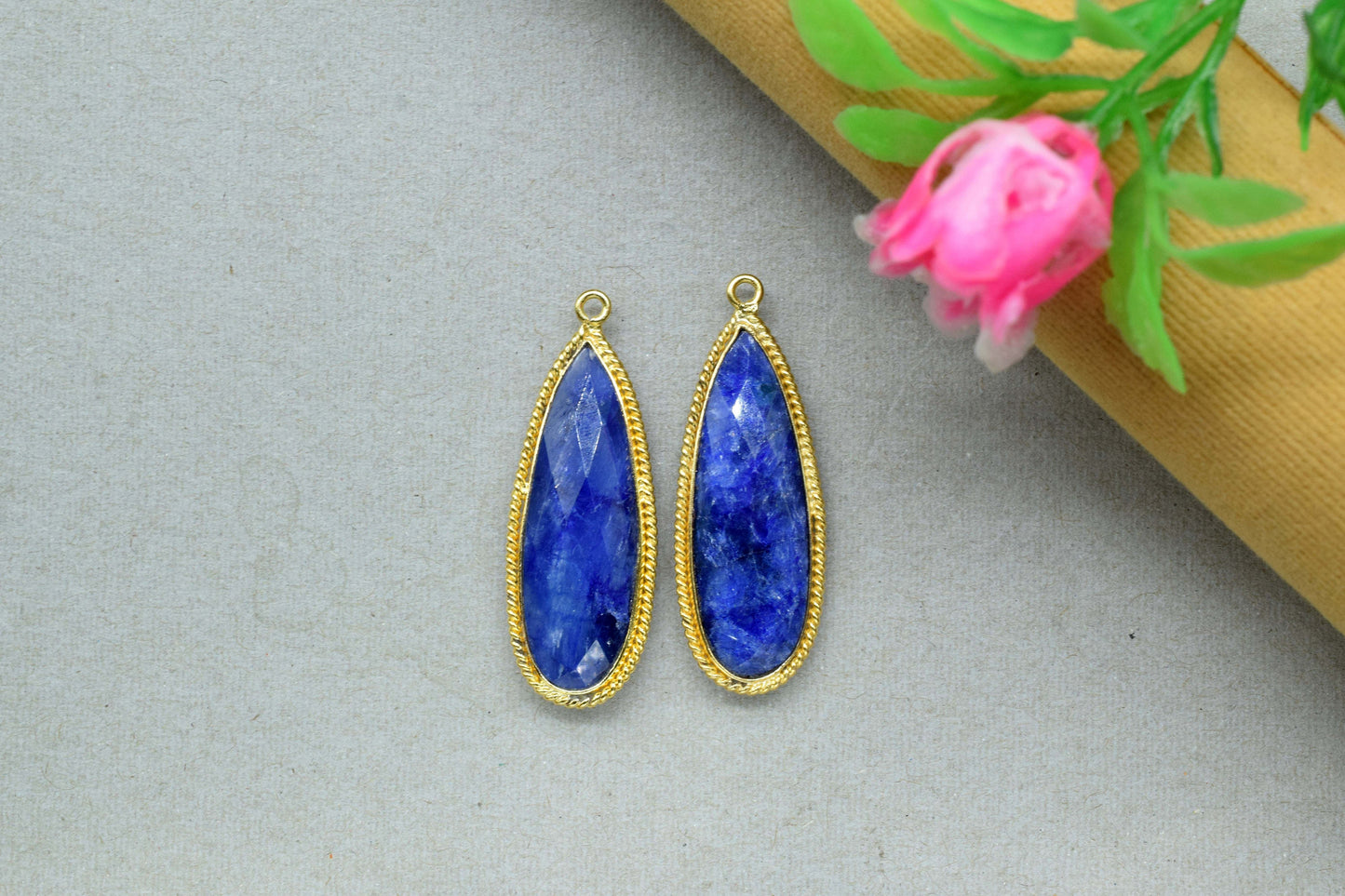 Blue Sapphire Faceted 10x30mm Pear Shape Charm,Sapphire Gold Plated Charms Pendant,Blue Sapphire Connectors,Sapphire Single Bail Connector