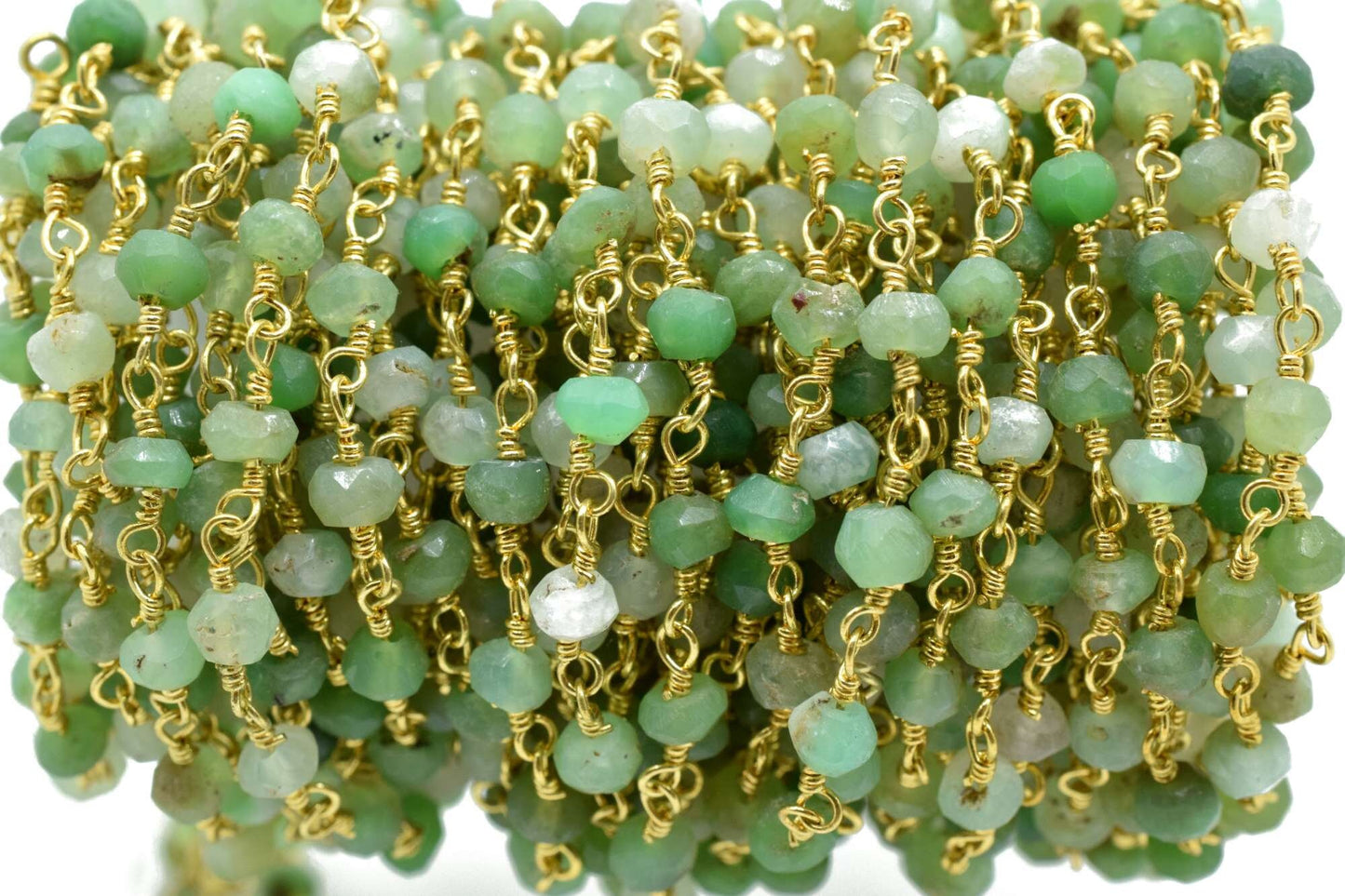 Chrysoprase 3mm Beaded Chain,Gemstone Gold Plated Wire Wrapped Rosary Chain In Brass, beaded Rosary Chains, Handmade Jewelry Making Chains