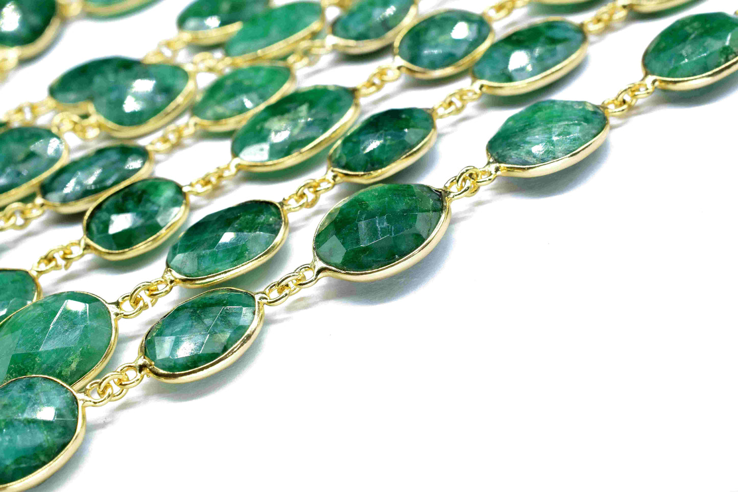 Natural Emerald Faceted Connectors,Gold Plating Bezel Chain,Irregular Shape Gemstone Bezels Chain,Handmade Bezel Link Chain,Emerald Jewelry