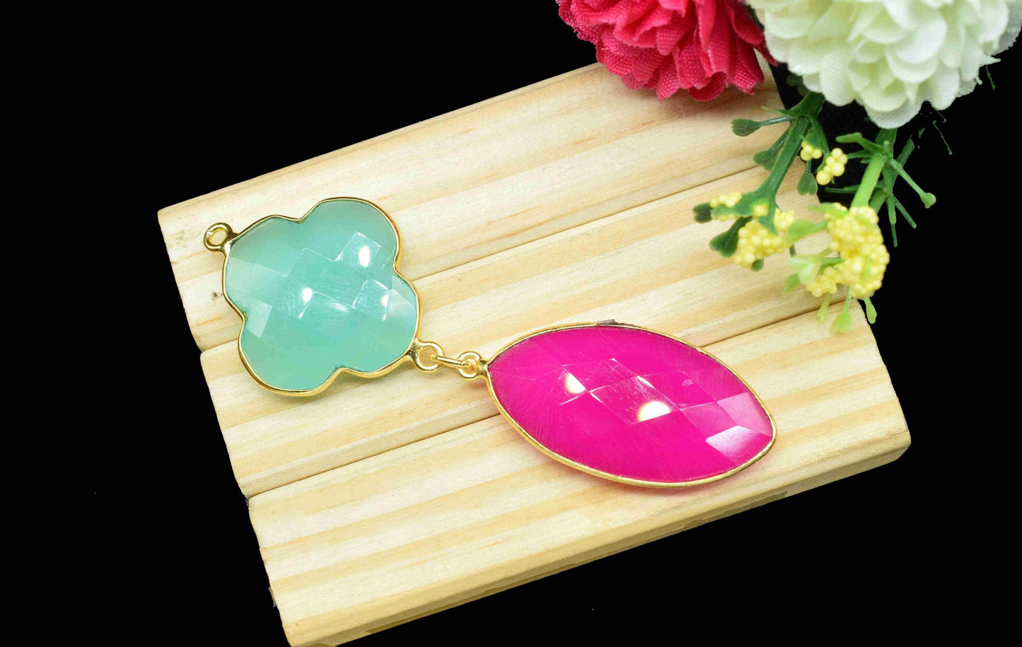 Aqua Quartz  Component pendants,Multi Stone Dangle Earrings,Clover  Shape Pendant Jewelry,Dangle pendant Charms,pink Gemstone Connector,gift