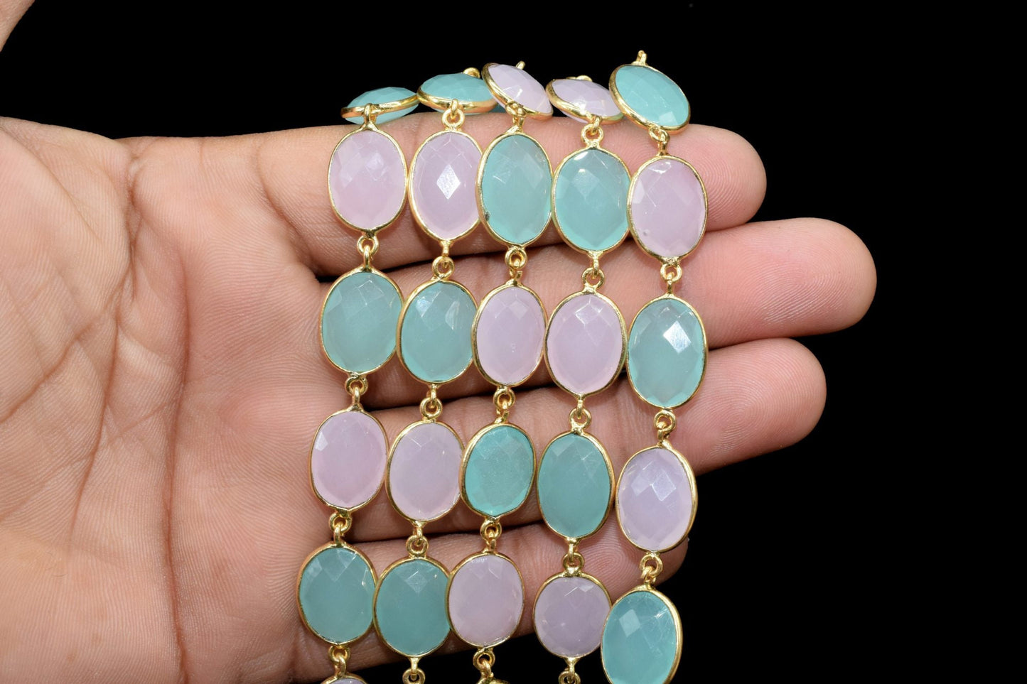 Aqua Chalcedony & Pink chacledony oval Connector Chain,Chalcedony Gold Bezel Connector Chain,Gemstone Gold Plated Rosary Chain,Bezel chains