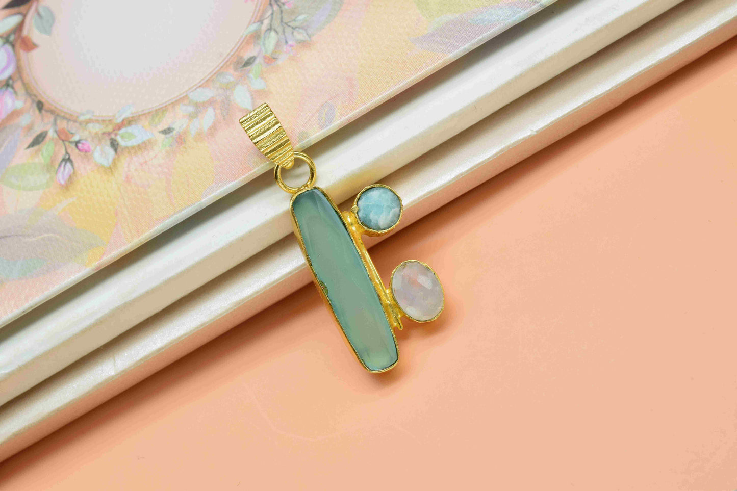 Multi Stone 6x25mm Pendant,Aqua Chalcedony Rectangle Shape Pendant,Moonstone Oval Jewelry,Single Bail Pendant,Amazonite Round Shape Pendant