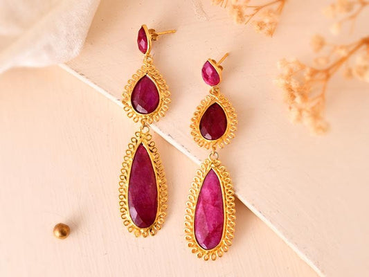 Natural Ruby Dangle Earring/Gold Plated Earring/Bridal Earring/Handmade Jewelry/Ruby Wedding Earring/Gold Plated Jewelry/Gift