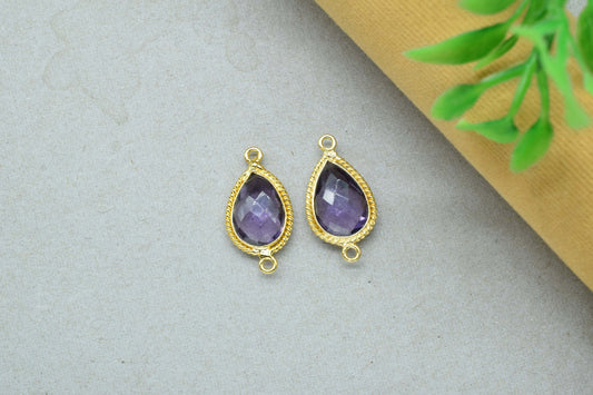 Amethyst 10x14 Teardrop Bezel Connectors,Station Connector,Amethyst Teardrop Jewelry,Gemstone double bail Charms,Handmade Teardrop Pendant