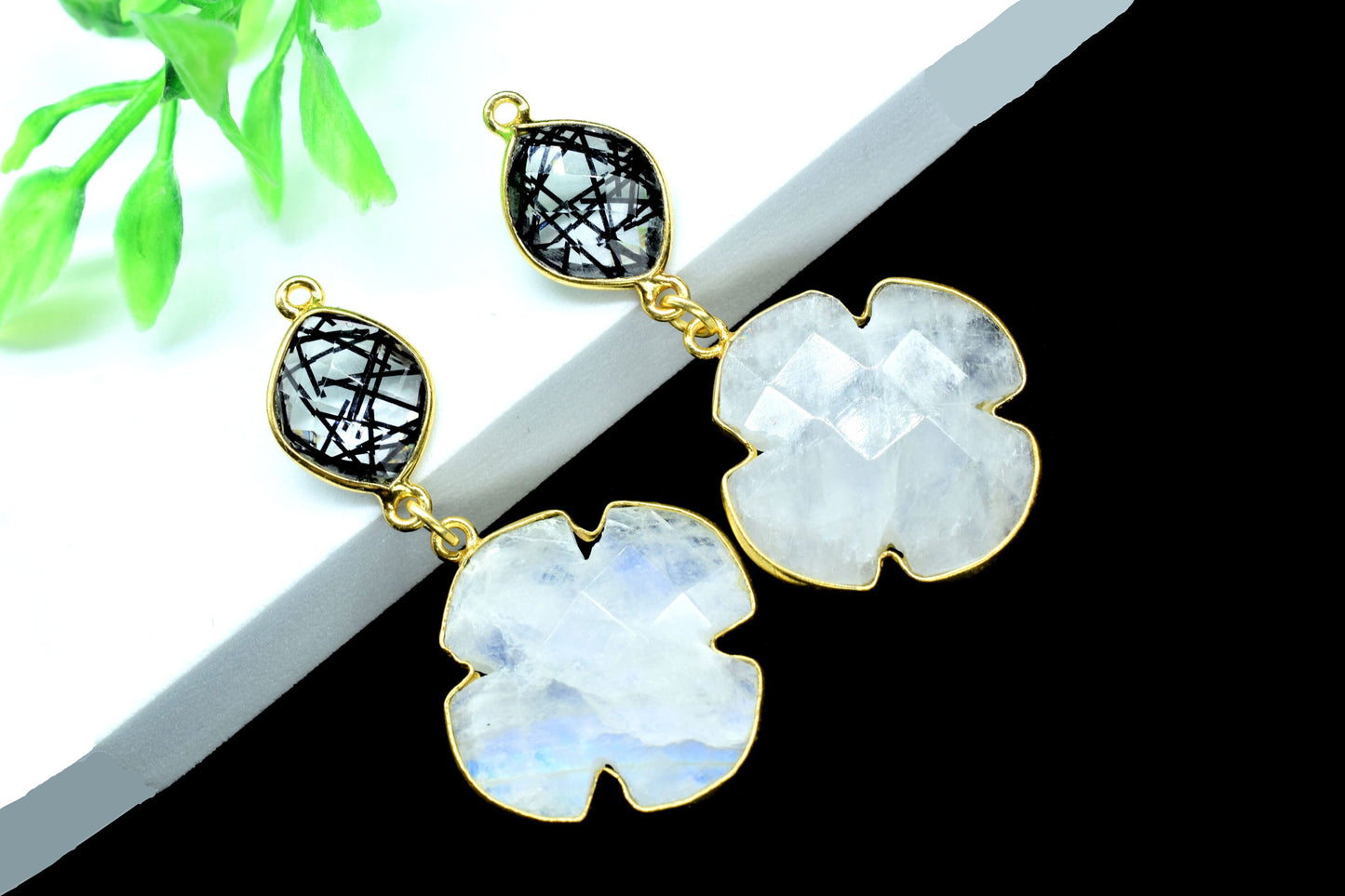 Rainbow Dangle Component Earring,Multi Stone Dangle Earring,Statement Earring,Handmade,Black Rutile pendant Connector,Gemstone Bezel pendant