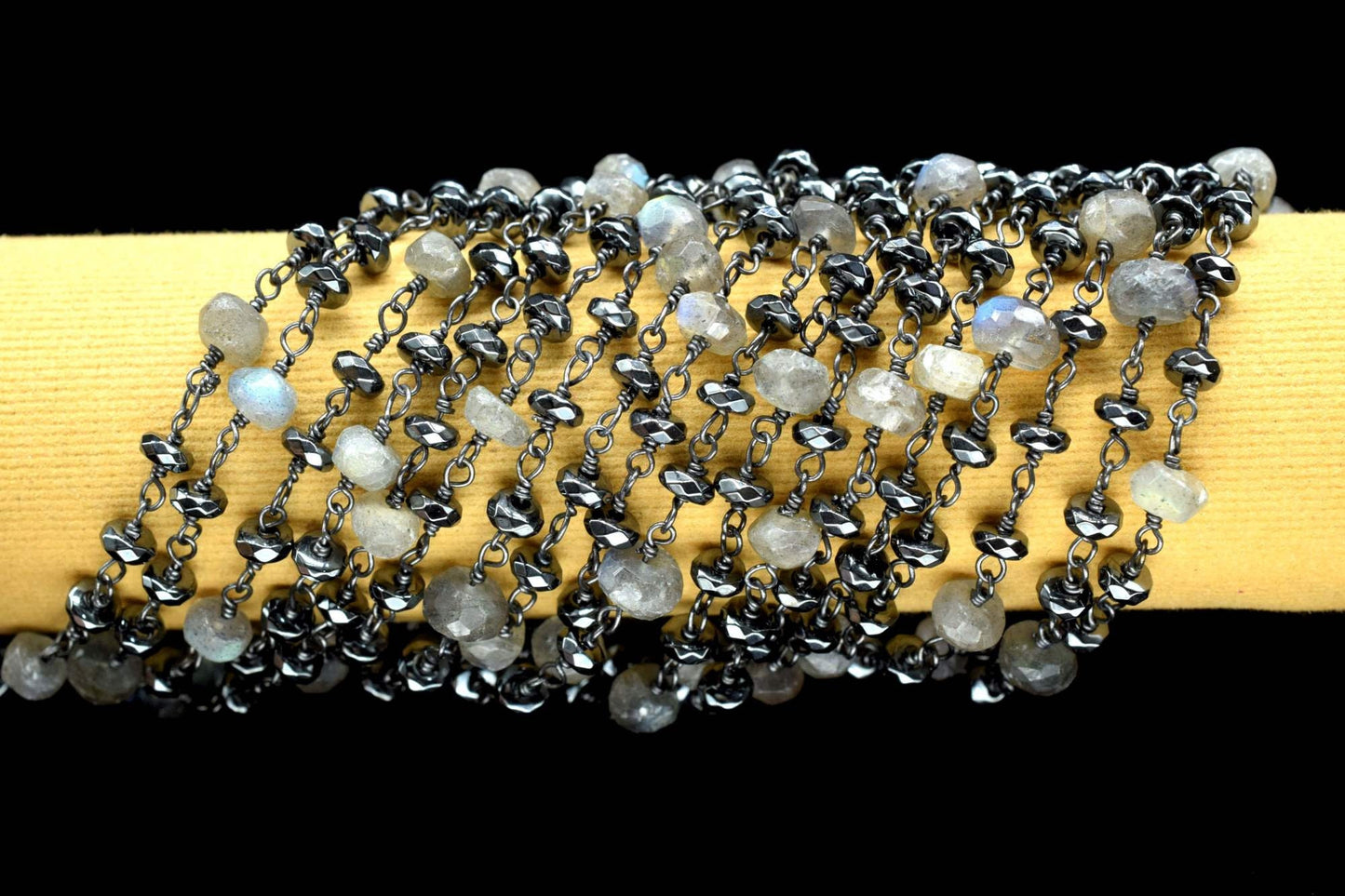 Labradorite 3mm Beaded Chain,Labradorite Rosary Chain,Gold Plating Wire Wrap Chain,Hematite Gemstone Rosary Chain ,dual gemstone beaded .