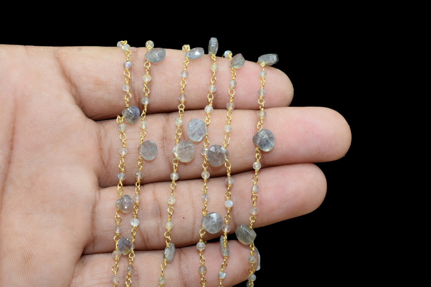 labradorite 2mm Rosary Beaded Chain,Labradorite Heart Shape Rosary Chain,Sold By Foot,labradorite briolette beaded chain,labradorite chain