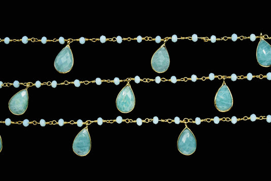 Amazonite 8x12mm Faceted Bezel Connector Link Chain,Amazonite 3mm Faceted Beads chain,Gemstone Bezel Connector link Chain,Amazonite Gemstone