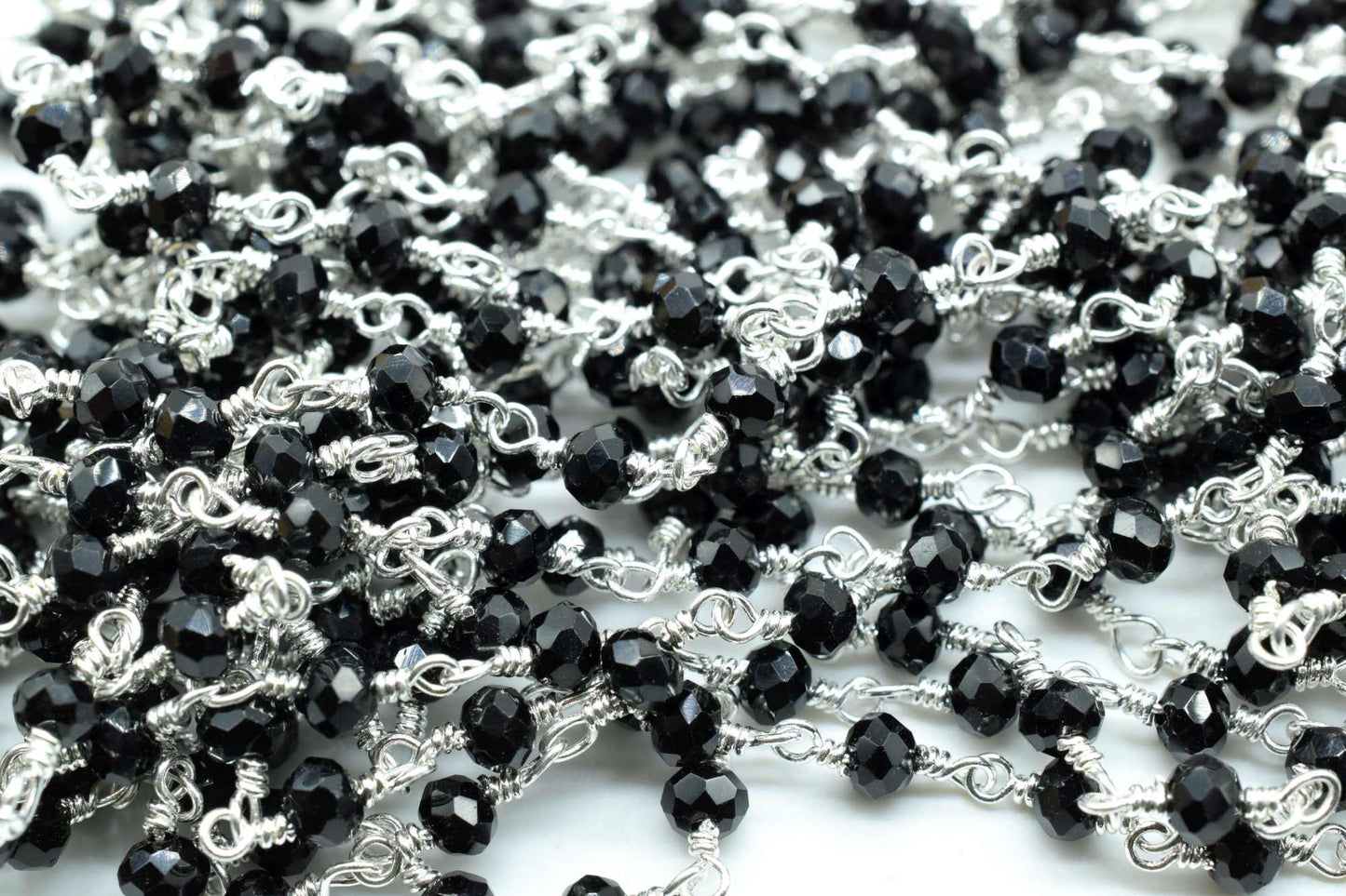 3-3.5 mm Black Onyx Silver Plated Rosary Chain,Black Onyx Faceted Beaded Chain,Wire Wrapped Silver Plated Chain,Black Onyx Bulk Rosary Roll