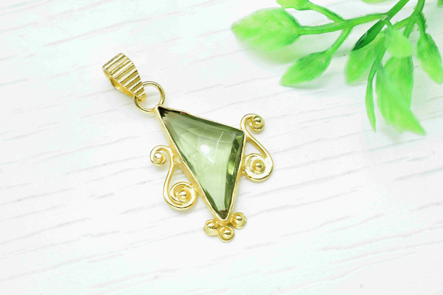 Green Amethyst 12x25mm Triangle Shape Pendant,Loose Gemstone for Pendant,February Birthstone, Jewelry Making Supplies, Gold Plated Necklace
