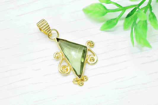 Green Amethyst 12x25mm Triangle Shape Pendant,Loose Gemstone for Pendant,February Birthstone, Jewelry Making Supplies, Gold Plated Necklace