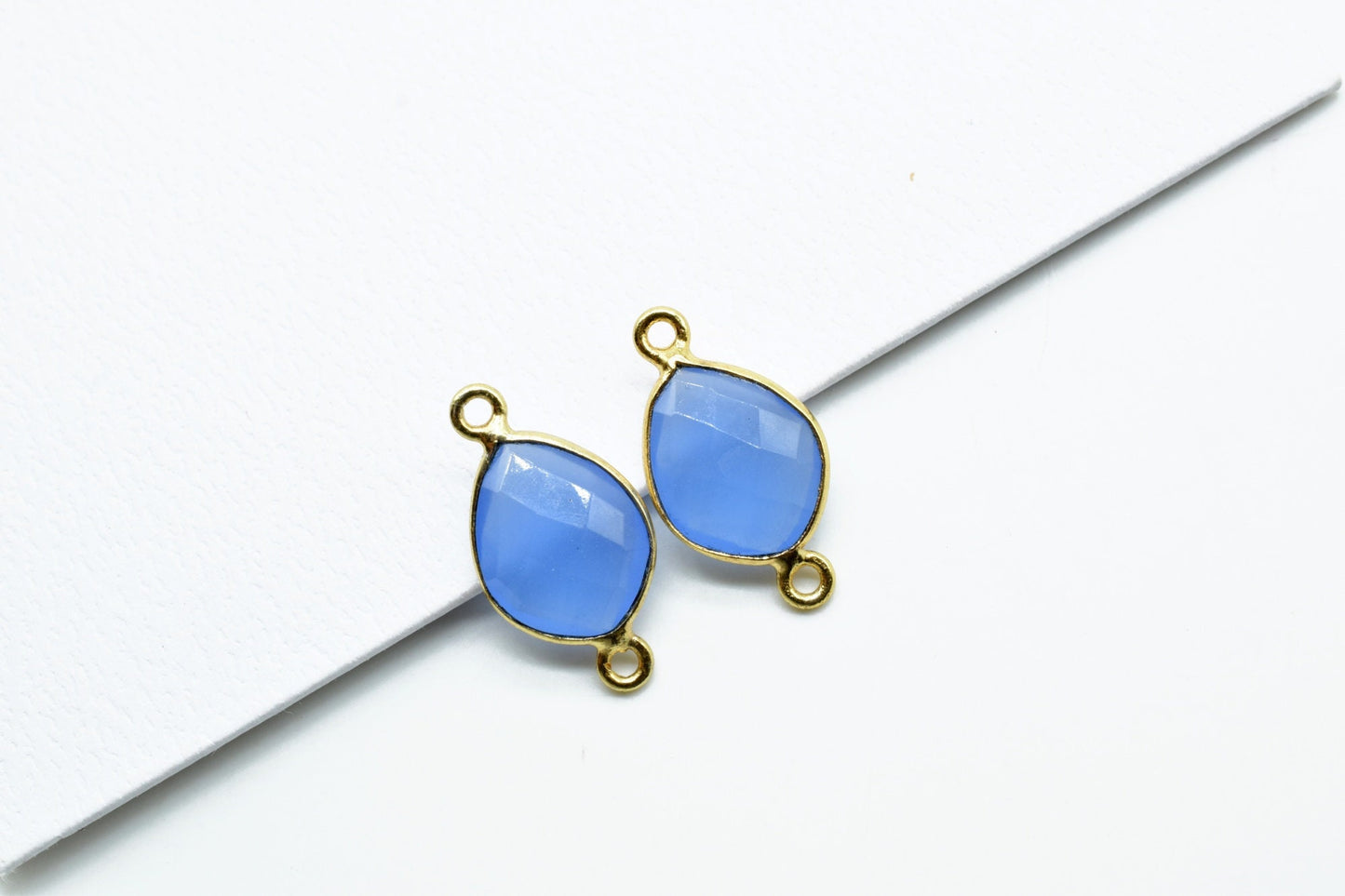 Blue Chalcedony 10x13mm Eye shape double loop charms,Blue Chalcedony pendants, Gold Plated,double Bail Connectors,Jewelry Bezel Set Charms