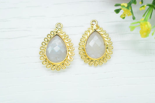 Rainbow 10x14mm Teardrop Charm,Gemstone Teardrop Bezel,Handmade Pendant connector,Single Bail Pendant,Moonstone Bezel Charm,Necklace Pendant