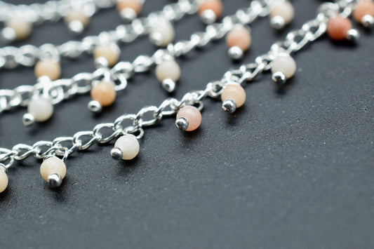 Peach Moonstone Cluster Rosary,Smooth Round Beads Rosary,Moonstone Wire Wrapped Jewelry,Dangling Rosary Chain,Jewelry Making Beaded Chain,