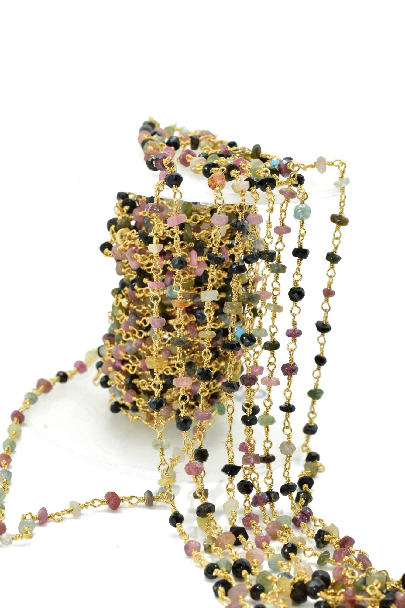 Multi Tourmaline Rosary Chain,Multi Tourmaline Wire Wrapped Rosary,3 to 3.5mm beaded chain,Natural Multi Tourmaline beaded Chain,gold chain