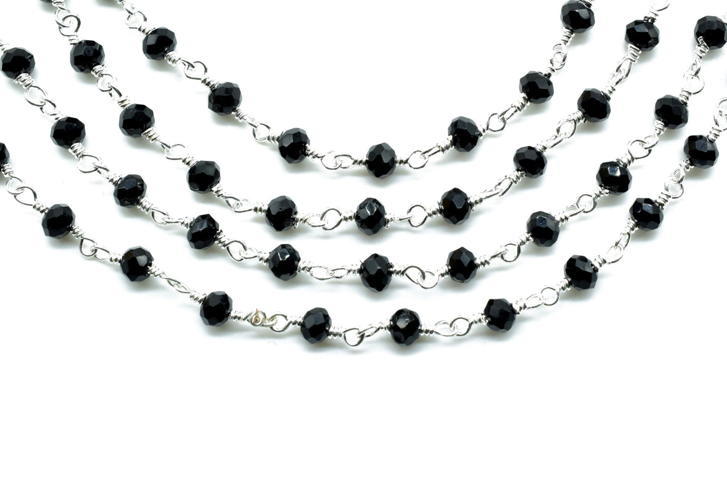 3-3.5 mm Black Onyx Silver Plated Rosary Chain,Black Onyx Faceted Beaded Chain,Wire Wrapped Silver Plated Chain,Black Onyx Bulk Rosary Roll