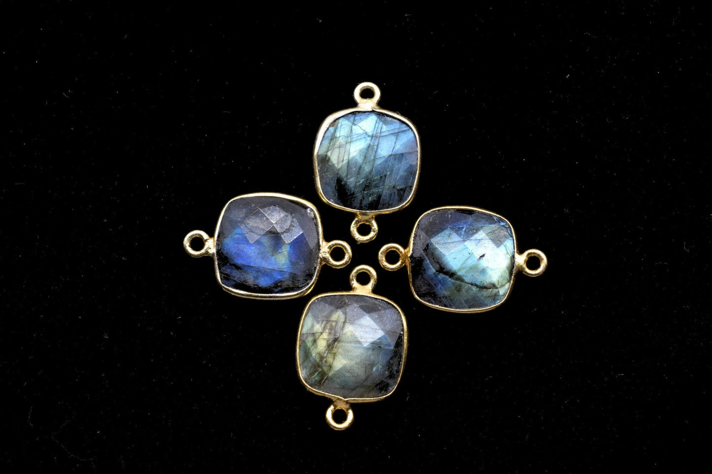 Blue Flash Labradorite 12mm cushion shape Double loop connectors,Brass Gold Plated bezels,Labradorite Pendants,Labradorite handmade bezels