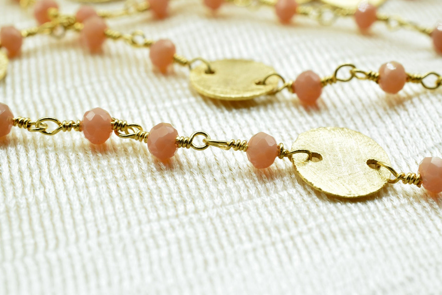 Peach Agate 3mm Beaded Chain,Peach Agate Rosary Chains,Peach Agate Gold Plating Wire Wrap Chain,Brass chain Jewelry,circle charms chain,