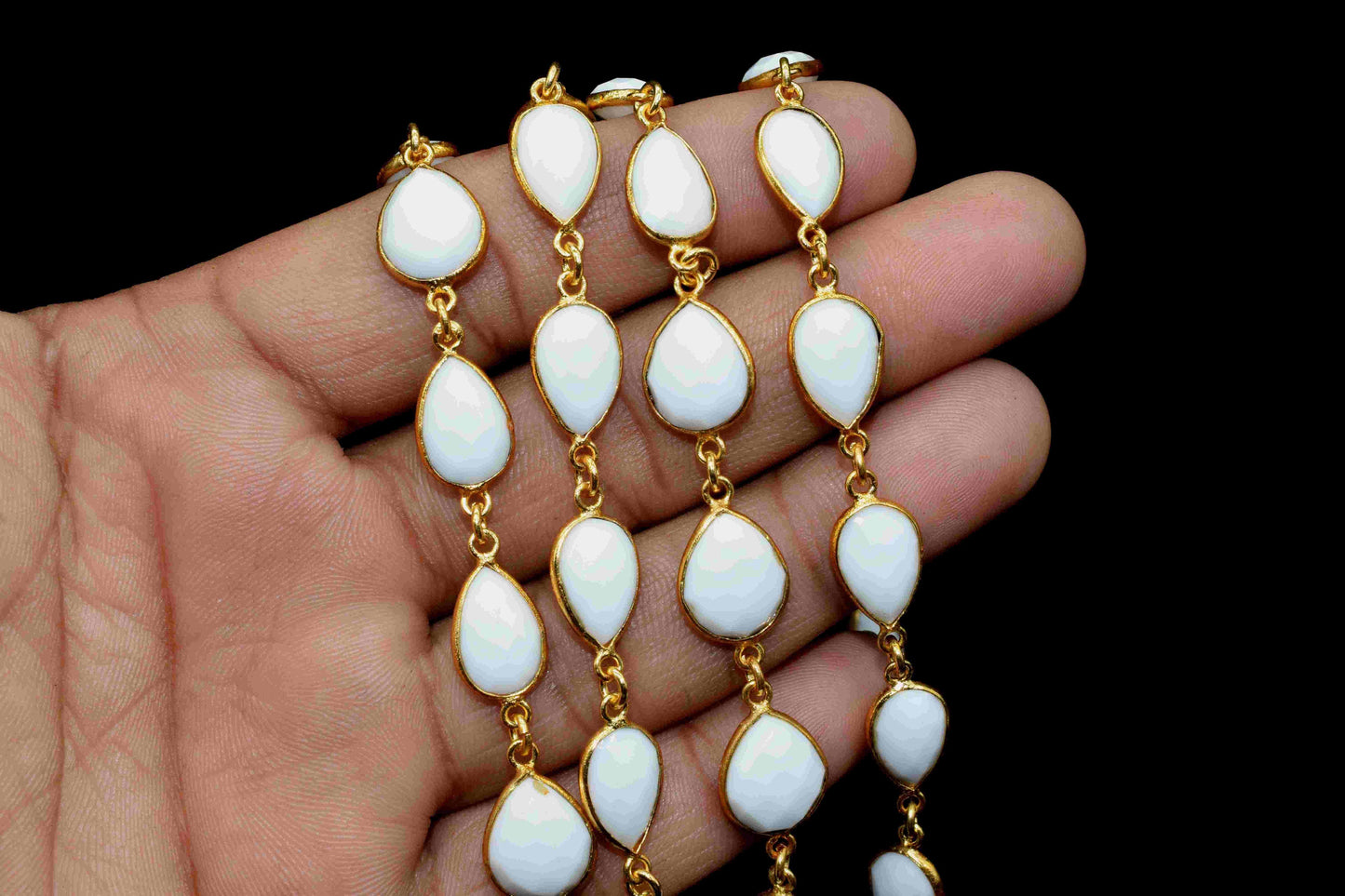 White Agate Gemstone 10x12mm Teardrop Shape Bezel Chain,White Agate Gemstone Gold Plating Bezels Link Chain,White Agate One Side Cut Jewelry