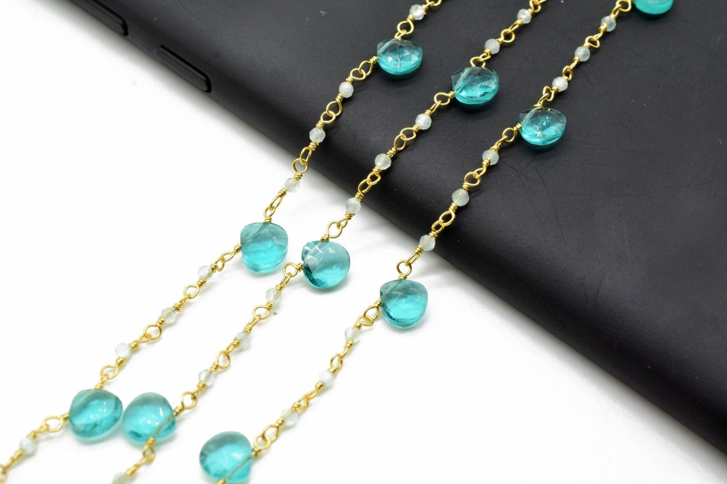 Aqua chalcedony,Apatite 2mm Beaded & Heart shape Chain,Beaded Wire Wrapped Gemstone Beads,Faceted Rosary Chain,Gemstone rosary style chains