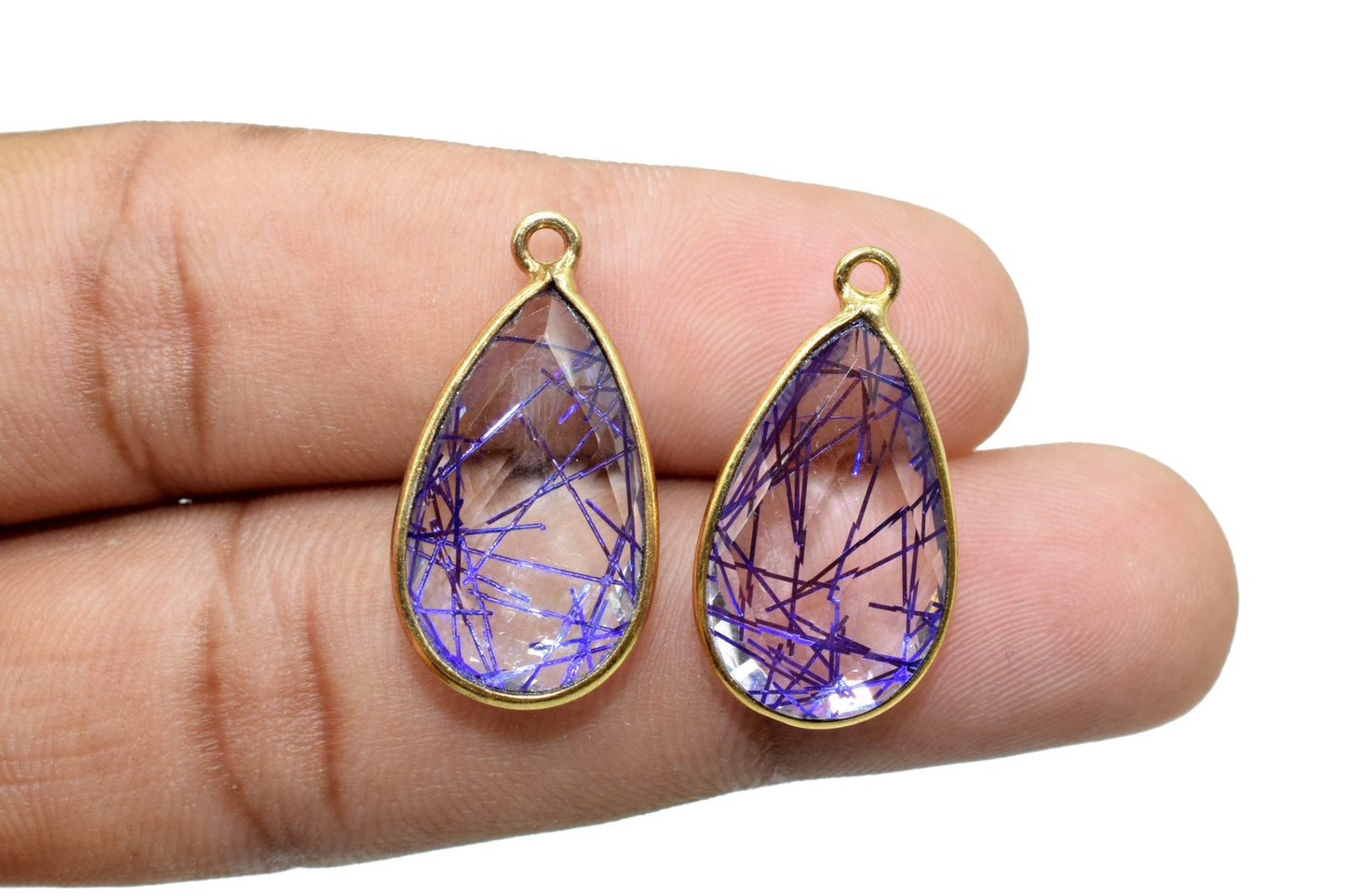 Blue Rutile 12x20mm Pear shape charm,Rutile Pear pendant,Rutile Gold Plated bezel,jewelry making charms craft,Rutile Birthstone charm,jewels