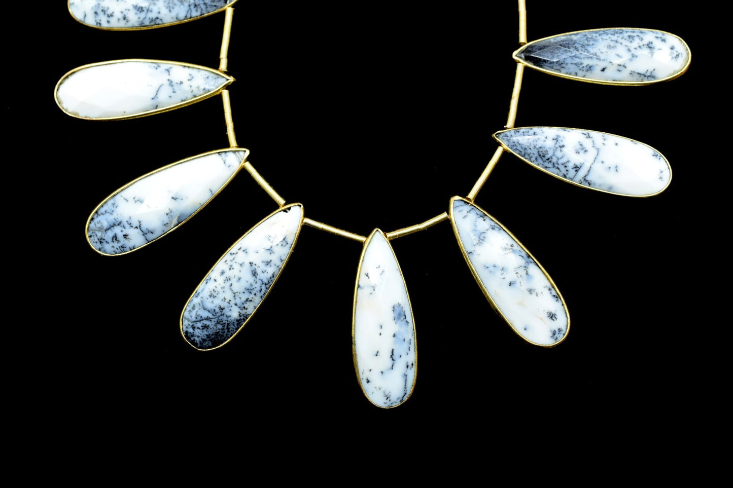 Dendrite Opal 10x30mm drilled Bezel charms ,Brass Gold Plated bezel,Teardrop Light Gold Bezel Trim Edge Faceted Gemstone,bezel strand