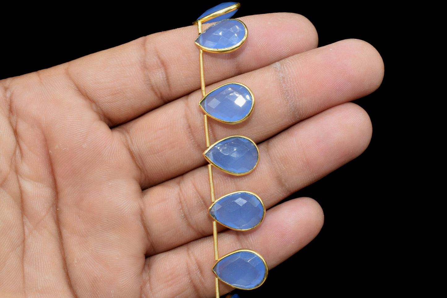 Pear Shape Blue Chalcedony Gold Plated Bezel strand,10x14mm Single Bail Connector Charms For Making Jewelry Findings Supply,11 pieces strand