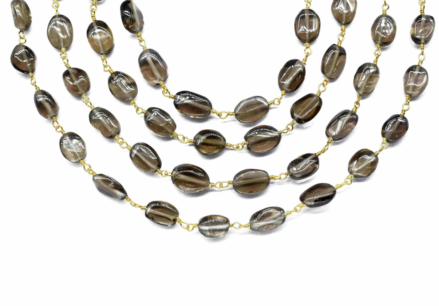 Smoky Quartz smooth Beads Rosary Jewelry,Smoky Gemstone Oval Shape Gold Plating Chain,Smoky beaded Chain,Smoky Wire Wrapped Beads Link Chain