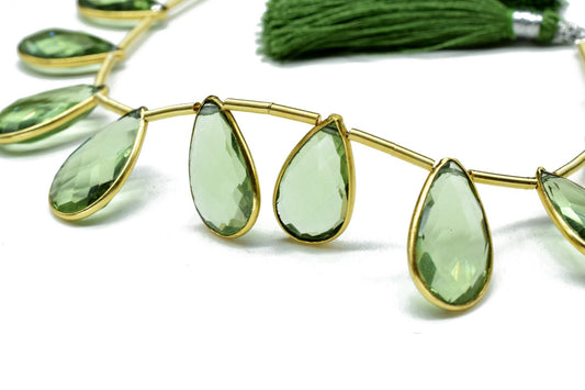 Green Amethyst Pear Shape Gold Plated Bezel strand,10x18mm pear Charm Making Jewelry Findings Supply,Green Amethyst charms strands