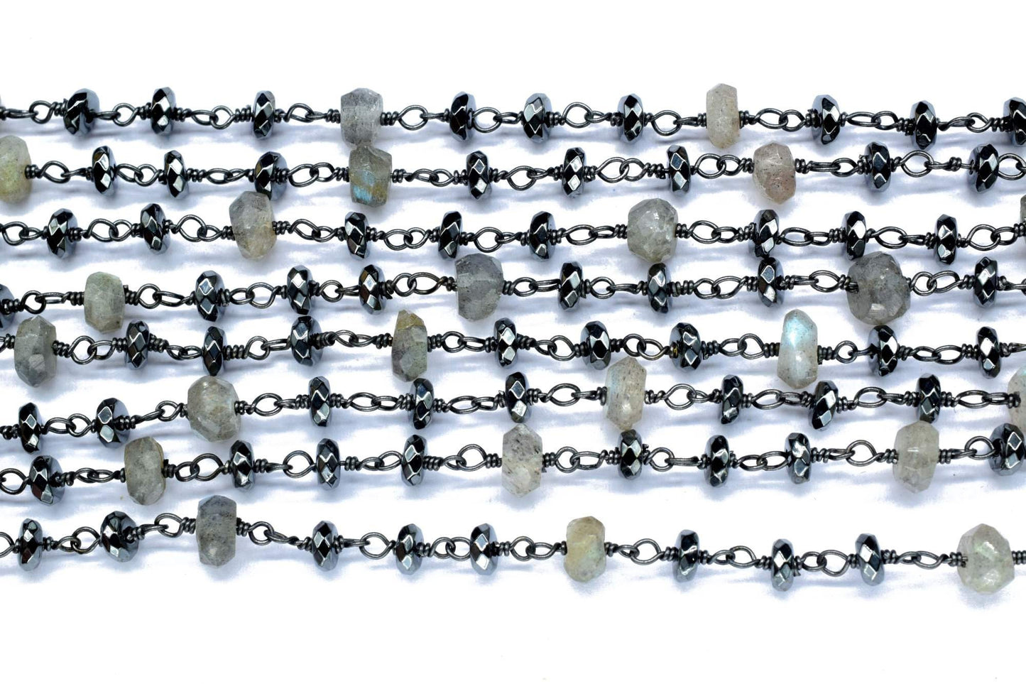 Labradorite 3mm Beaded Chain,Labradorite Rosary Chain,Gold Plating Wire Wrap Chain,Hematite Gemstone Rosary Chain ,dual gemstone beaded .