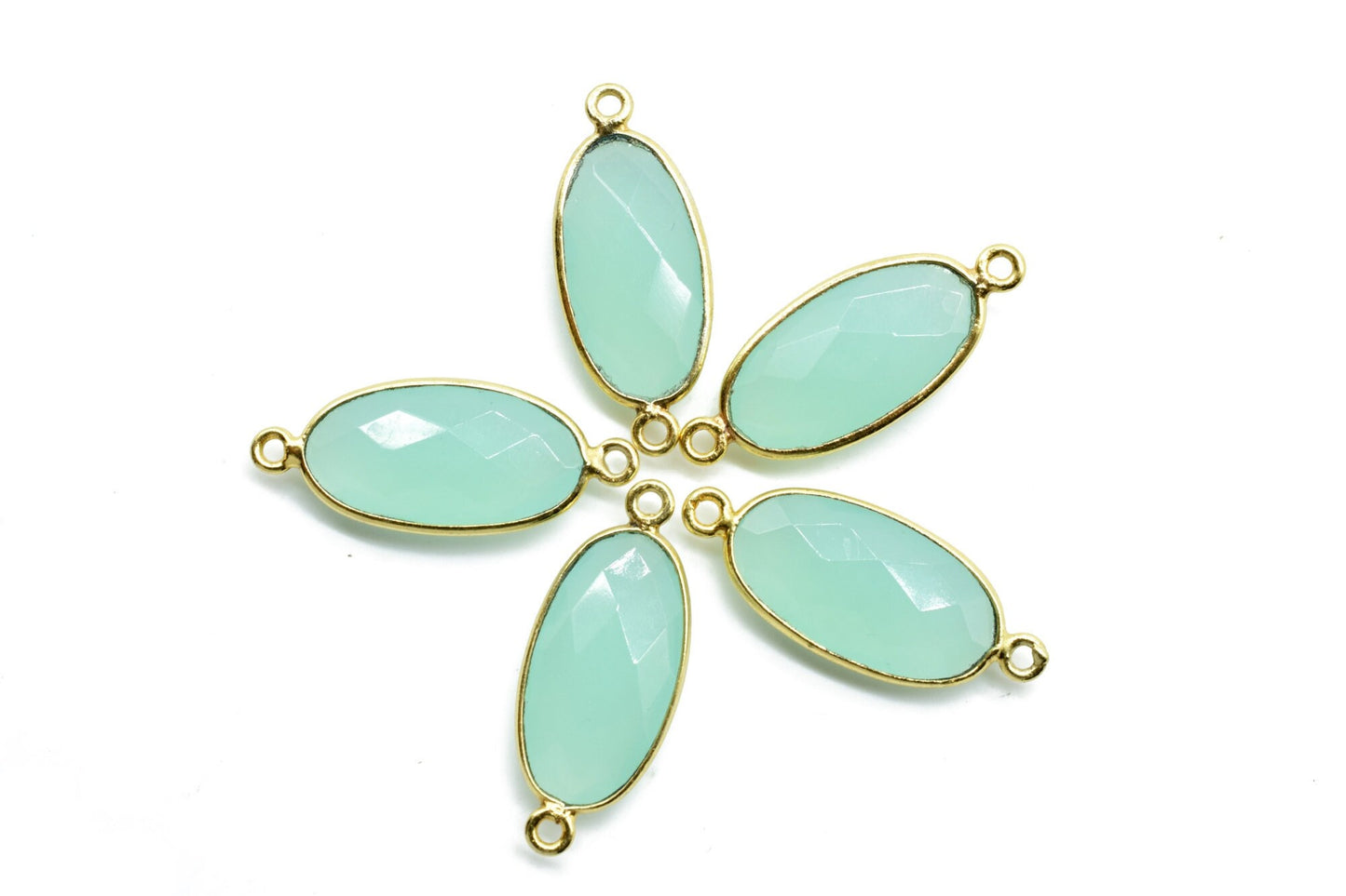 Aqua chalcedony 10x20mm double bail connectors,chalcedony Oval pendant,Gemstone connectors,Brass charm,Gold plated charms,Jewelry supplies
