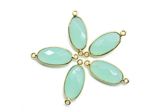 Aqua chalcedony 10x20mm double bail connectors,chalcedony Oval pendant,Gemstone connectors,Brass charm,Gold plated charms,Jewelry supplies