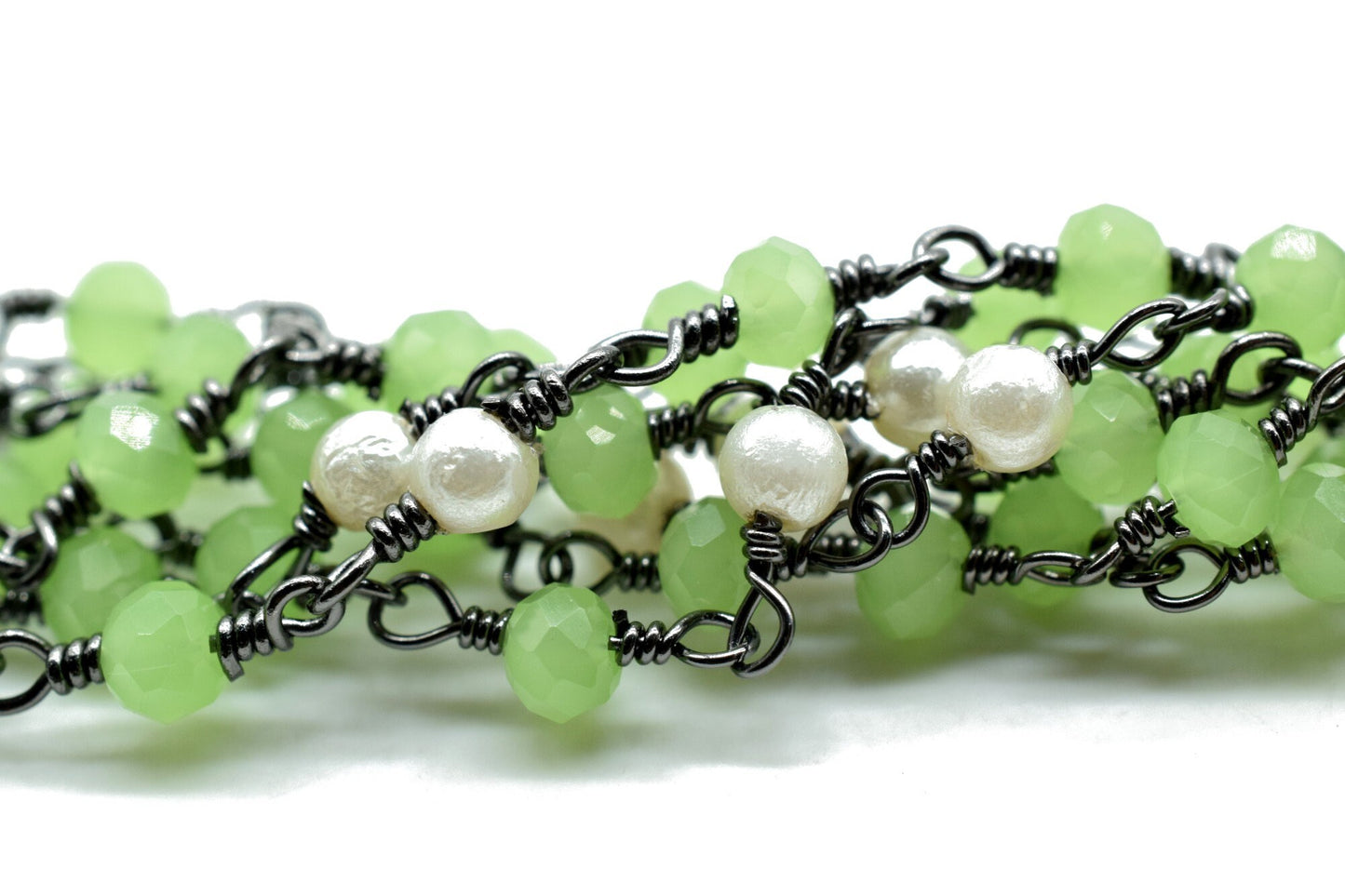 CHrysoprase faceted Rosary Style Beaded Chain -Chrysoprase 3mm Beads wire wrapped chain ,Gold Rosary Long Layering Necklace,pearl rosary