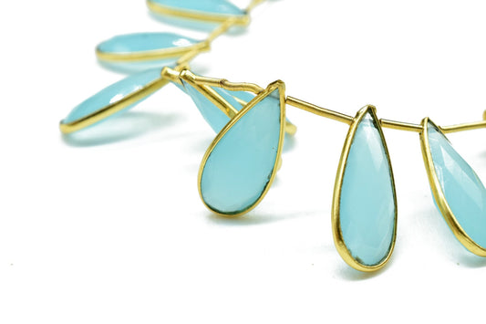 Aqua Chalcedony 8x20mm Pear shape charms ,Bezel connectors,Aqua Chalcedony Bezel charms,Gemstone Bezel charm,Chalcedony Teardrop Bezel charm