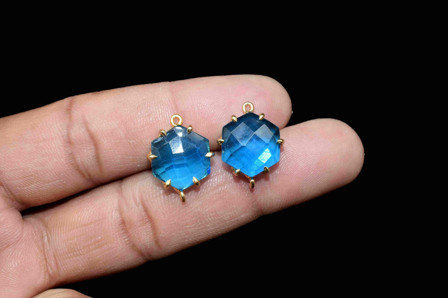 Blue Topaz Hexagon Connector,double bail connector,Charm for bracelet necklace Jewelry Making,Handmade Gemstone Bezel,Beads Prong Jewelry