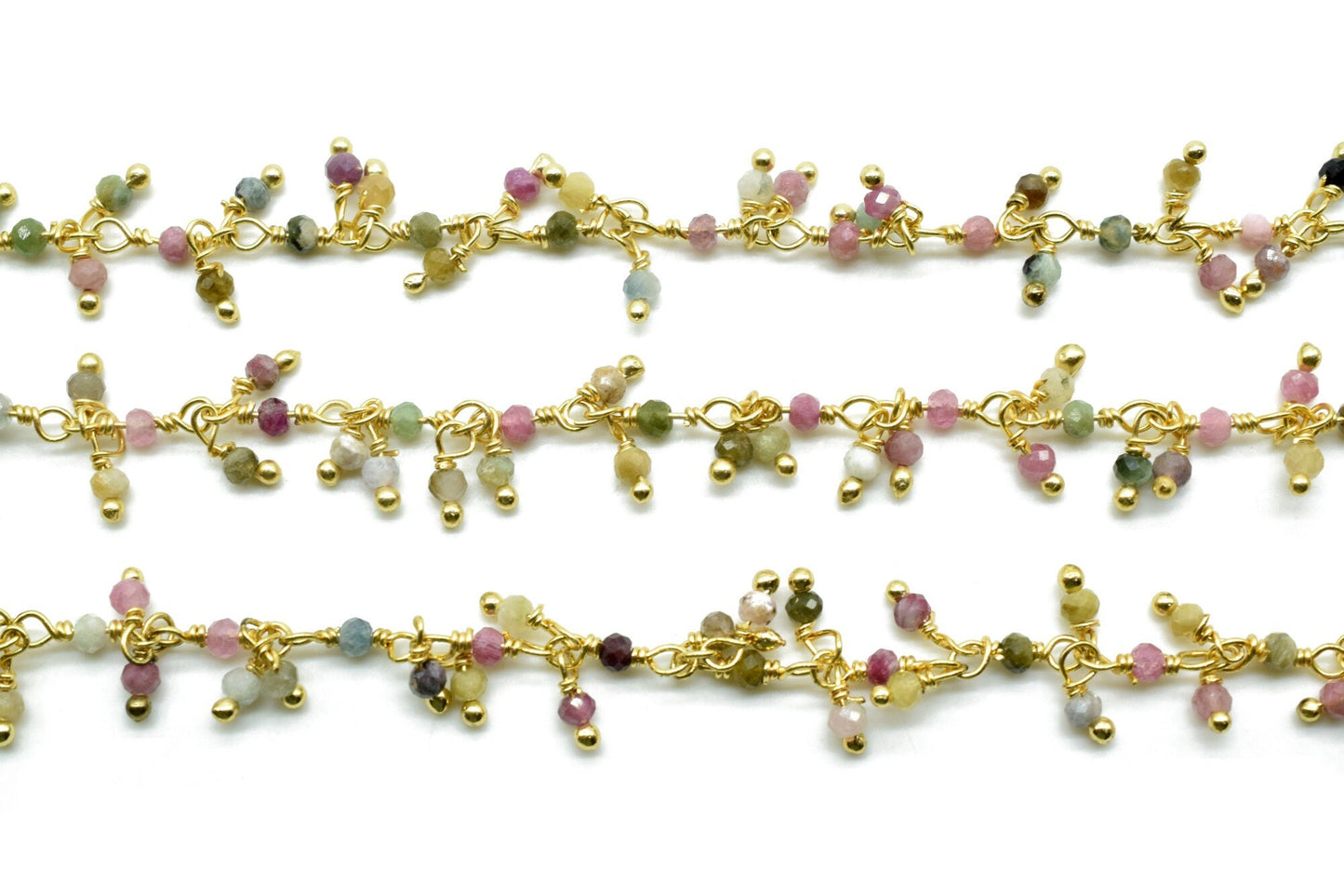 2 mm Natural Multi Tourmaline Faceted Gold Plated Cluster Rosary Chain,Wire Wrap Dangling Rosary,2 mm Beaded Chains,By Foot Finding Jewelry