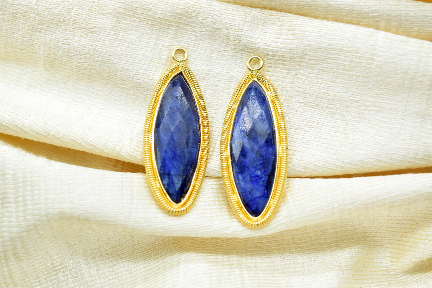 Blue Sapphire 10x30mm Bezel Charm,Gemstone connector,Marquise Shape Charm,Single Bail Pendant,Handmade Component Pendant,Sapphire Jewelry