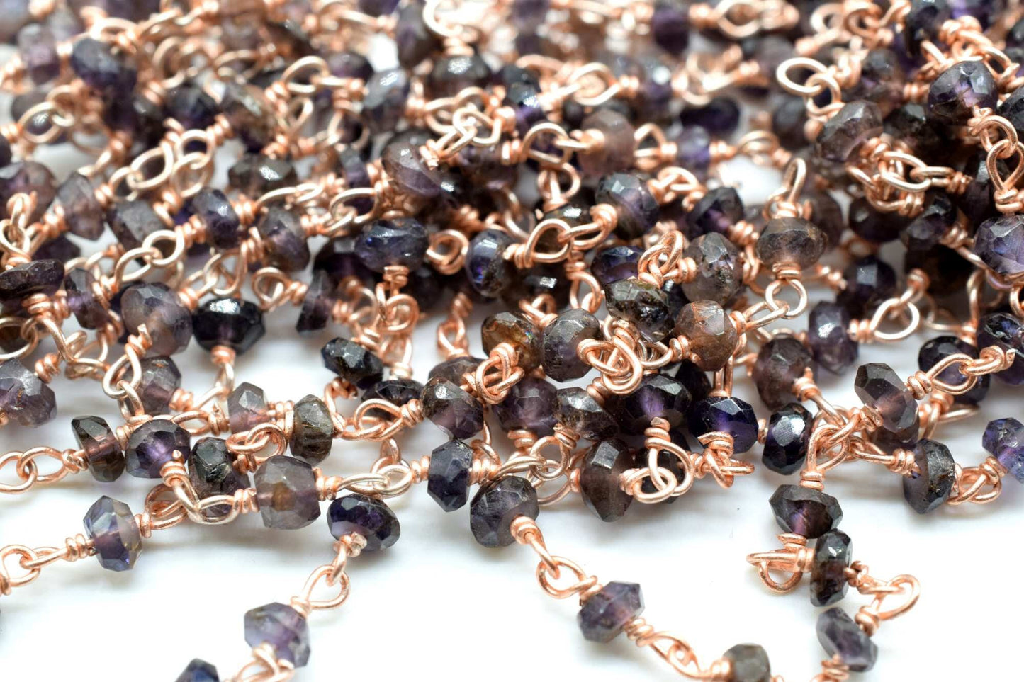 Rose Gold Plated iolite Rosary Chain,Purple Crystal Beaded Chains,3mm iolite Beaded Chain,Wholesale Price Rosary Roll,Faceted beads,