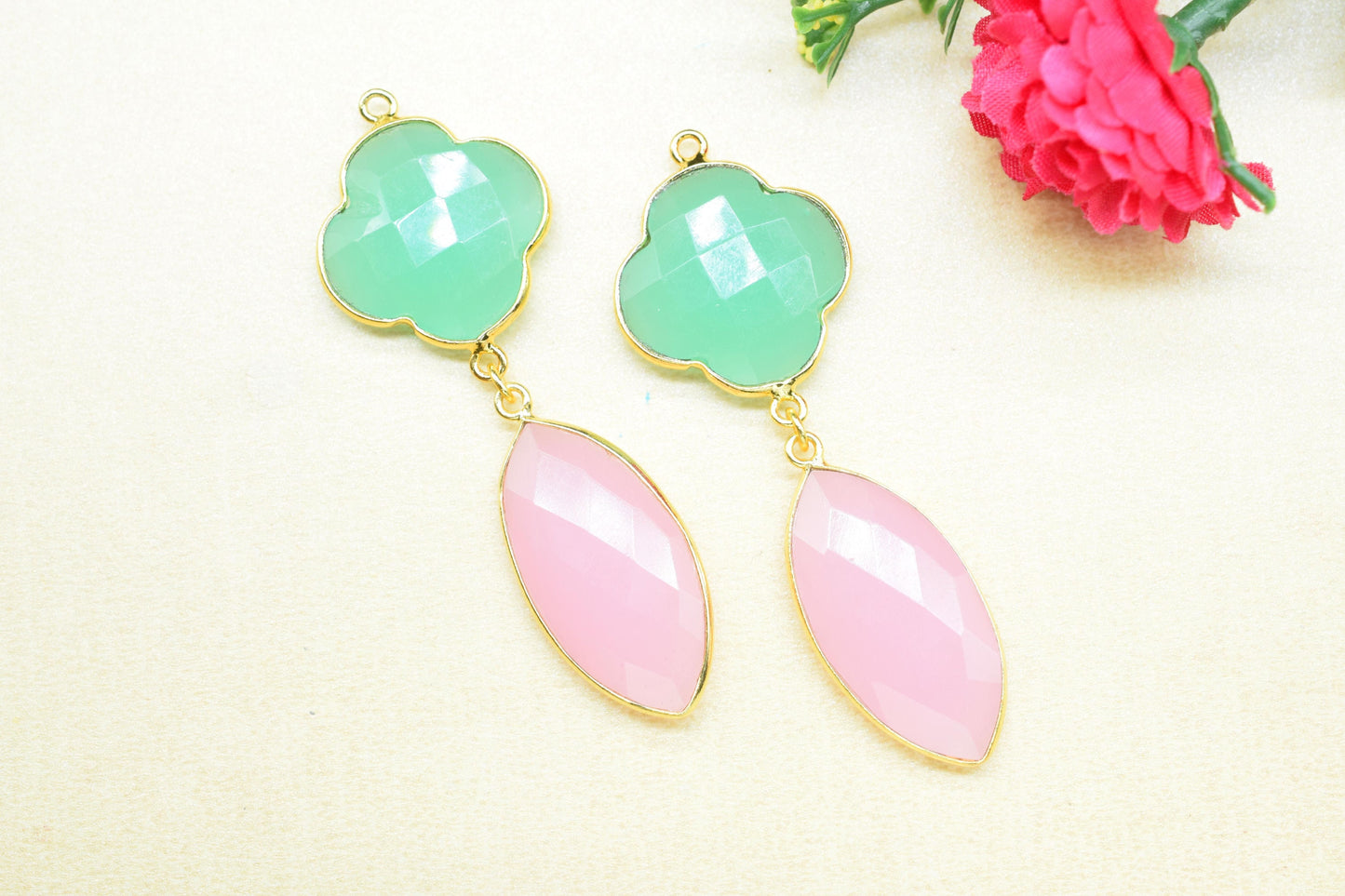 Aqua Chalcedony Bezel Charms Connector/Rose Quartz Connector Jewelry/Earring Connector/Station Bezel Link Pendant/Handmade Jewelry/Gift