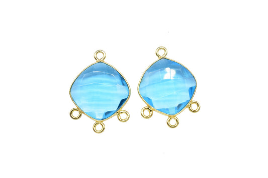 Blue Topaz Charms,Blue Topaz Gemstone 14mm Square Shape Charms,Topaz Faceted Gemstone Bezel Jewelry,Topaz Gold Plated Single Bail Connector
