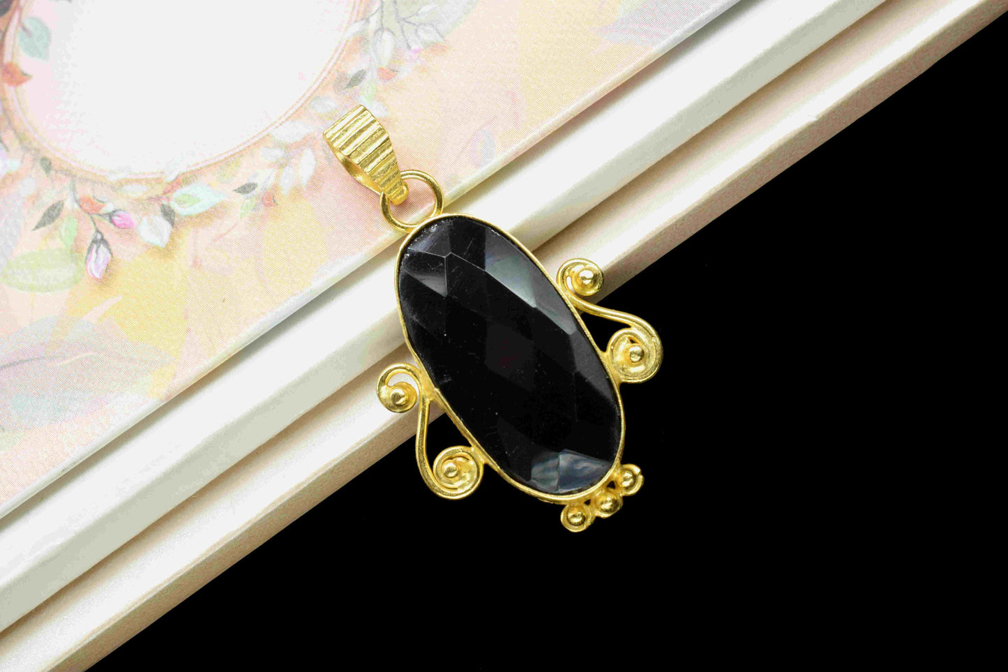 Black Onyx 15x30mm Oval Shape Pendant, Black Onyx Faceted Necklace, Gemstone Pendant Jewelry, Gold Plating Jewelry, Gemstone Pendant Jewelry