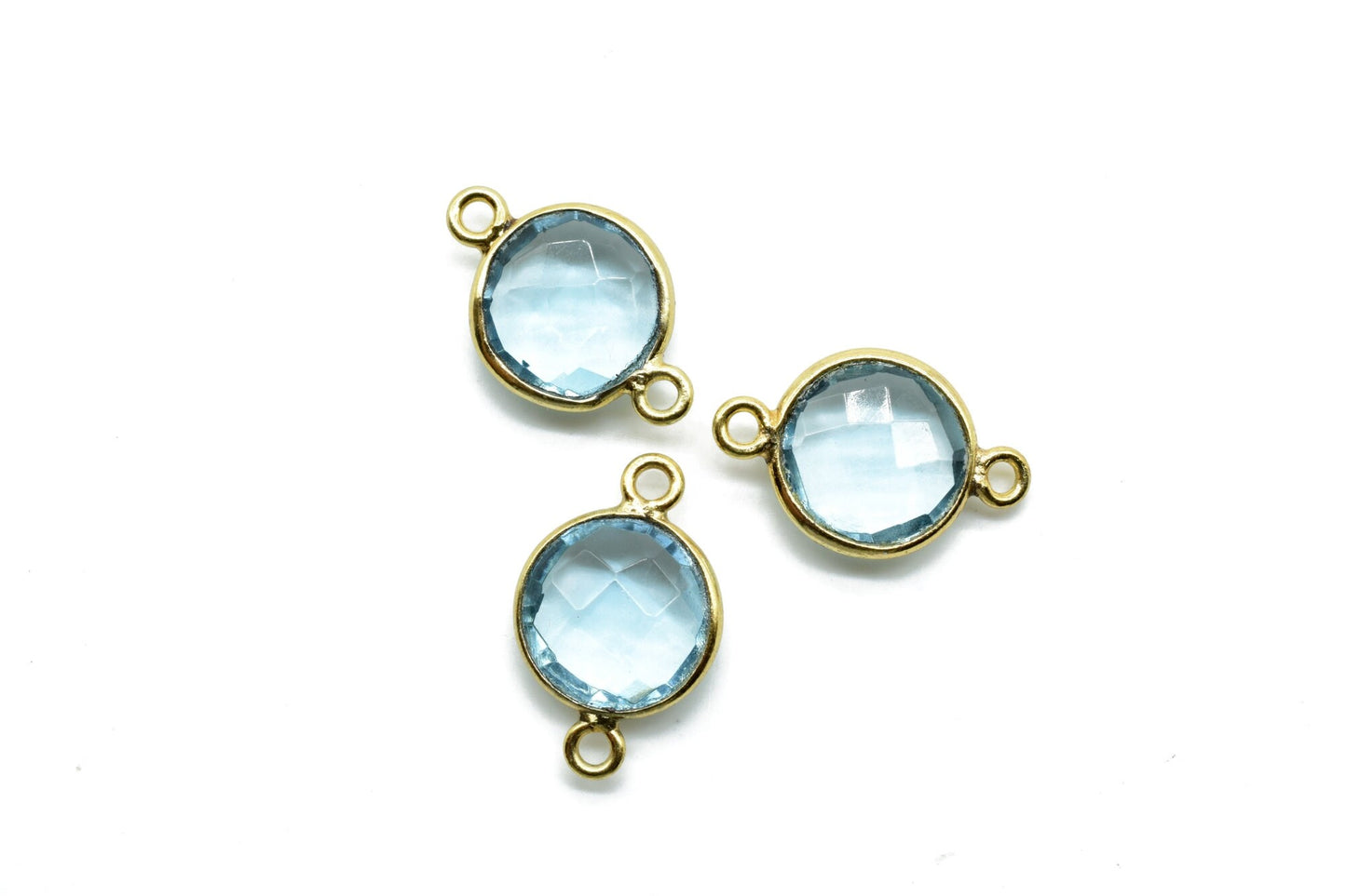 Sky Topaz 10mm Round Double loop connectors,Brass Gold Plated bezel,Sky Topaz Pendant,Sky Topaz double bail connectors,Topaz Round connector