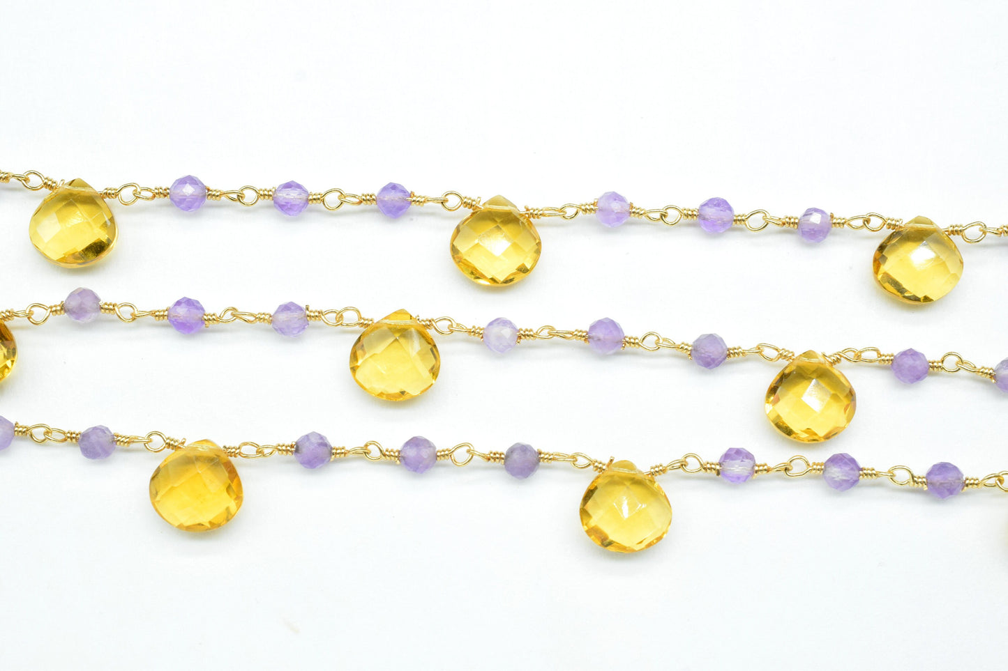 Amethyst 3mm Beaded Chain,citrine Heart Shape Rosary Chain,Amethyst wire wrapped rosary chain,Gold Plated Brass Chain,gemstone rosary,craft