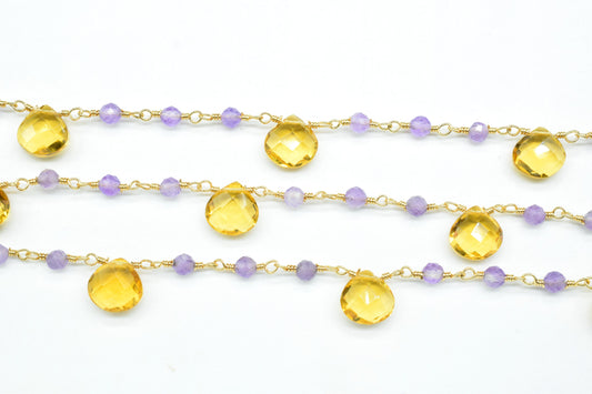 Amethyst 3mm Beaded Chain,citrine Heart Shape Rosary Chain,Amethyst wire wrapped rosary chain,Gold Plated Brass Chain,gemstone rosary,craft