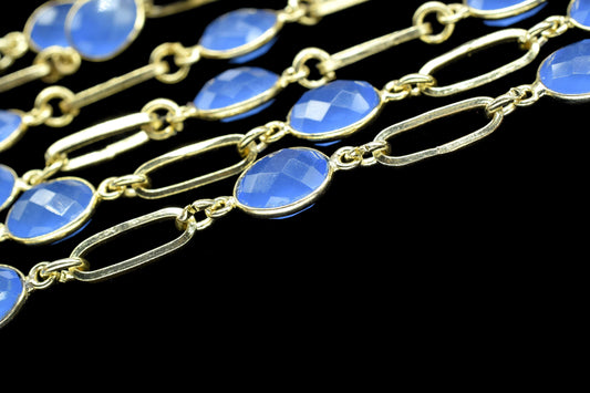 Blue Chalcedony Wire Wrapped Bezel Bead Chain,Link Connector Chain,Chalcedony Bezel ConnectorChain,Gold Plated Gemstone Chain,Bracelet Chain