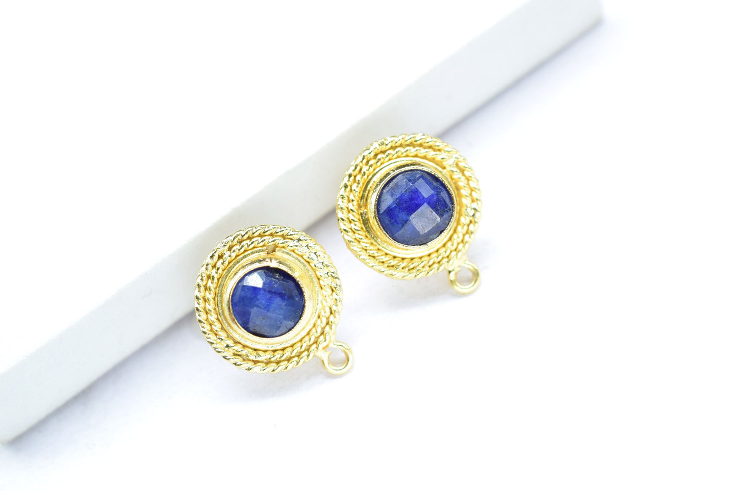 Blue Sapphire Gemstone Earring/Sapphire Round Earring/Designer Bezel Earring/Gold Plated Jewelry/Handmade Jewelry/Earring Connector/Gift