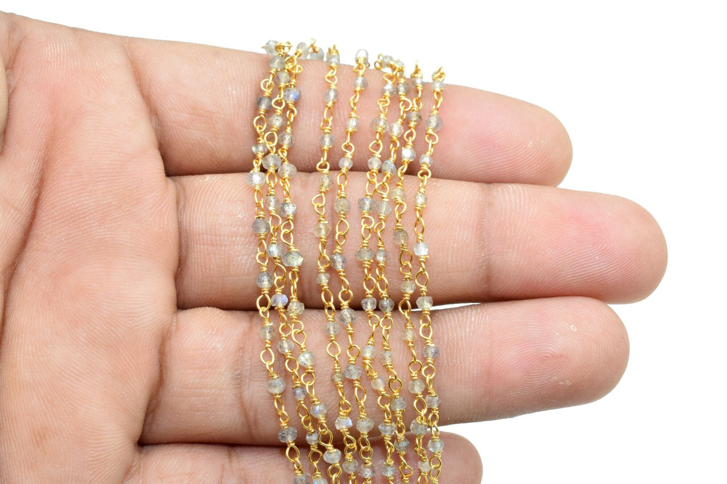 Labradorite 2mm Beaded Chain,Blue Fire Labradorite Rosary Chains,Gold Plating Wire Wrap Chain,Brass chain,Jewelry Making Chains,Rosary chain