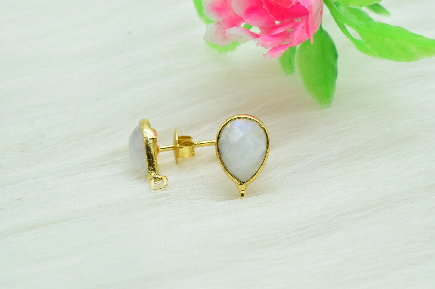 Moonstone 7x10mm Teardrop shape Earring connector Stud post setting with loop open bail,Rainbow Moonstone Gold Plated Earring With Loop