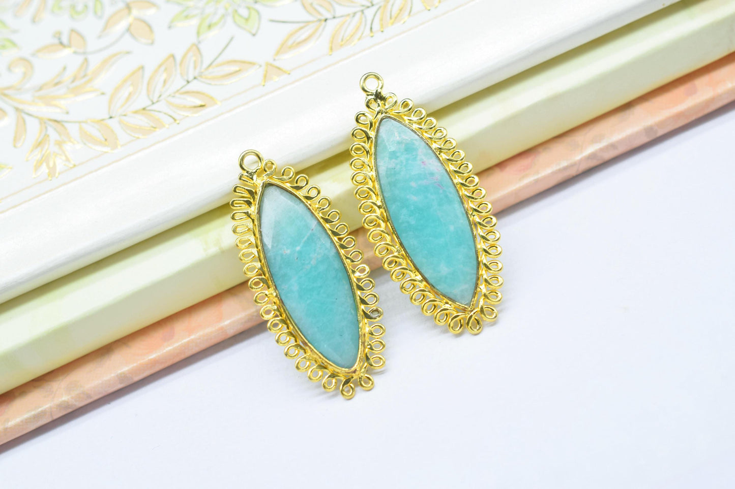 Amazonite 10x30mm Marquise Bezel Charm,Single Bail Pendant,Handmade Jewellery Connectors,,Gemstone Brass Component,Handmade Connector,Gift